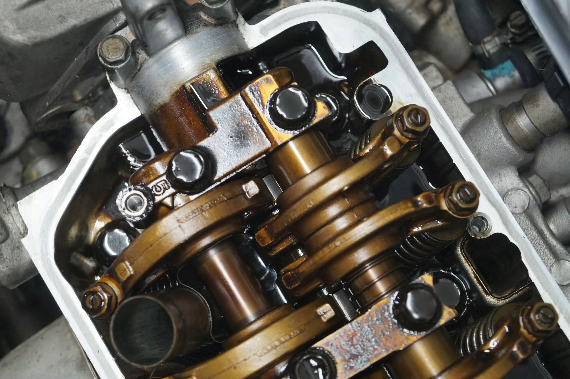 Close view of an engine's cylinder head and valve springs